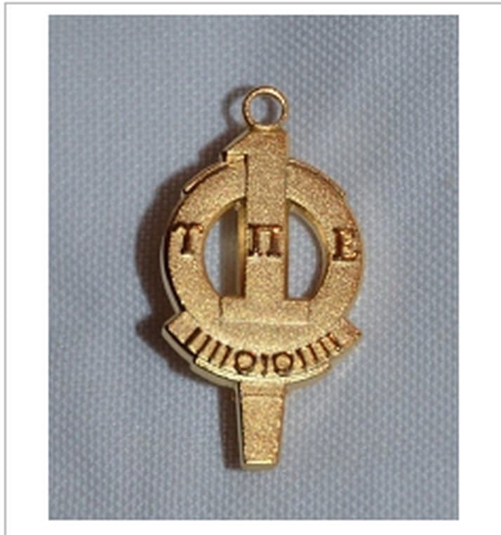 A gold Upsilon Pi Epsilon keypin bearing the society's crest.