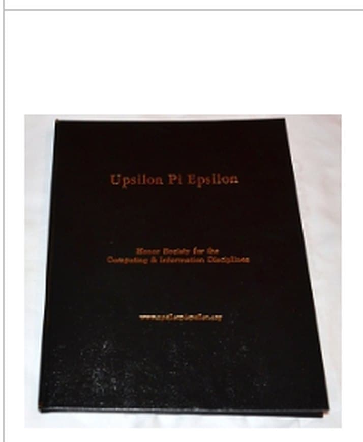 A black Upsilon Pi Epsilon signature book with gold lettering.